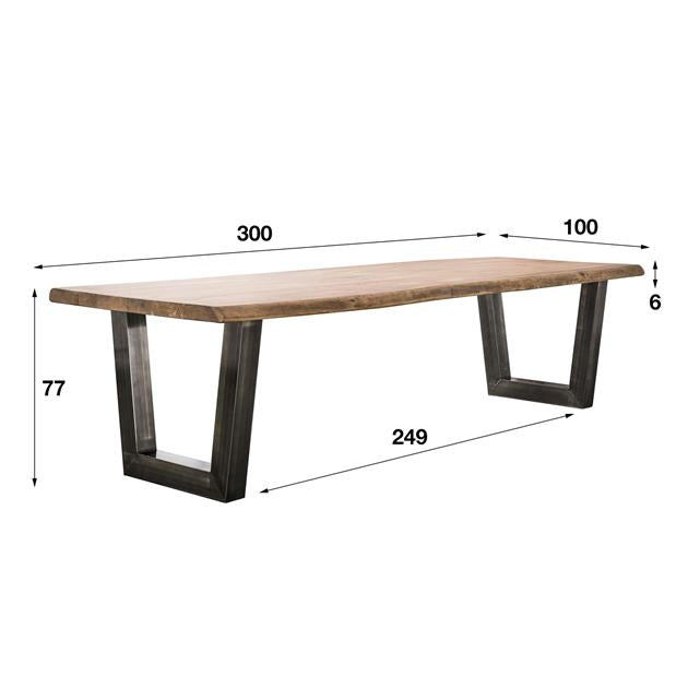Modera - Eetkamertafel 300cm stam in 60mm dik massief acacia met trapezium-vormig frame in 10x10cm zwart geschuurd RVS. - Massief acacia naturel