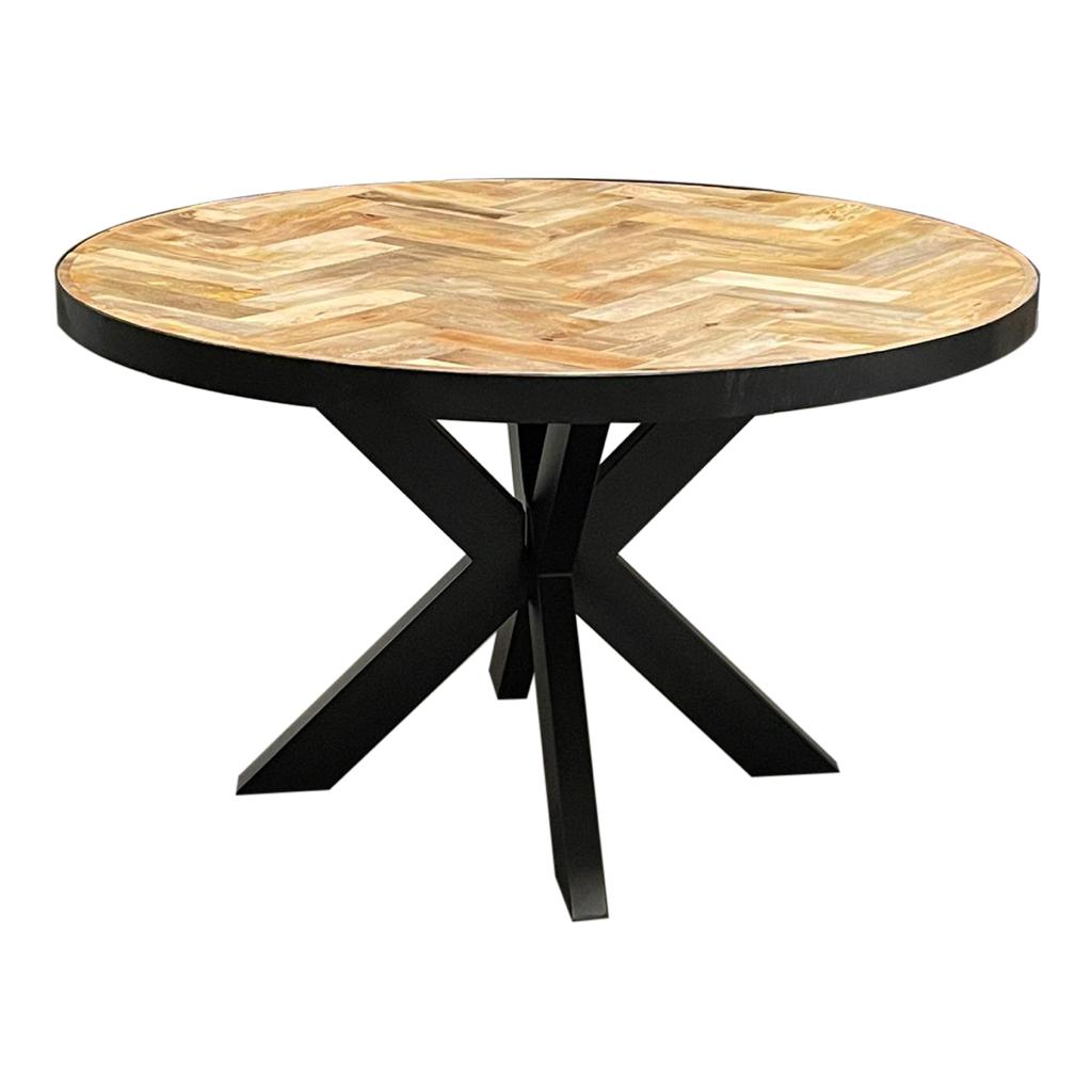 Mangohouten eettafel met visgraatpatroon - rond