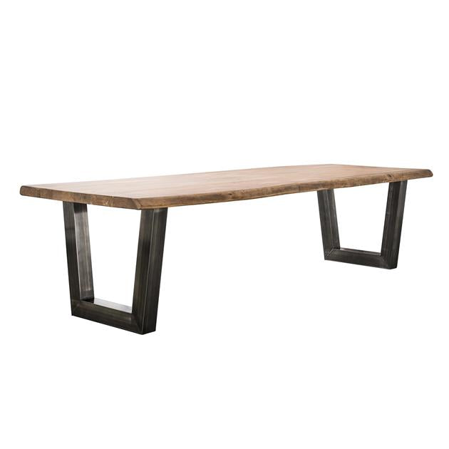 Modera - Eetkamertafel 300cm stam in 60mm dik massief acacia met trapezium-vormig frame in 10x10cm zwart geschuurd RVS. - Massief acacia naturel