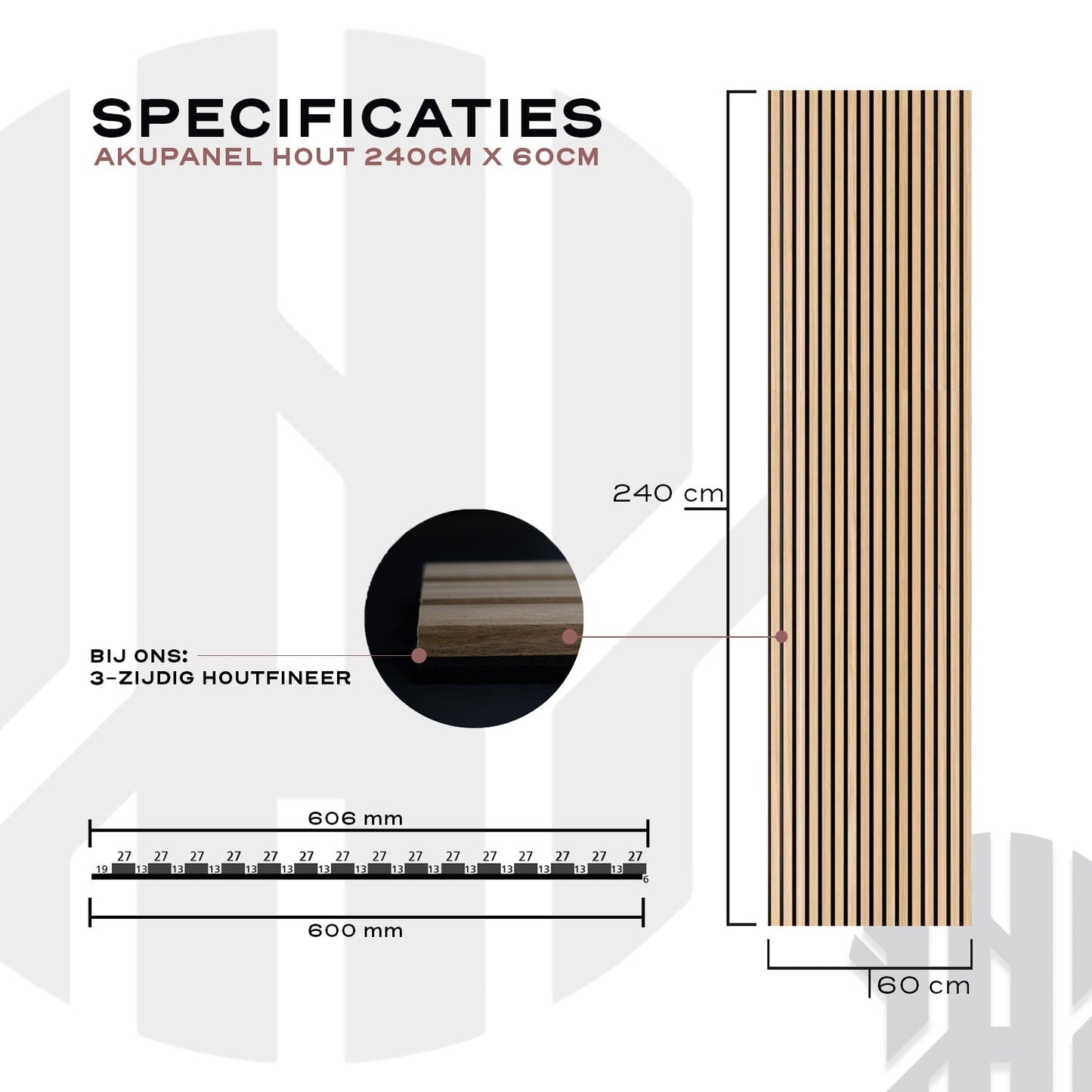AkuPanel Grijs Walnoot-Hout | 240cm x 60cm | 3-zijdig écht houtfineer